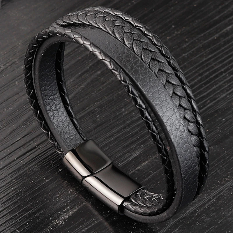 Geometric Pattern Multi-layers Genuine Leather Bracelet For Men