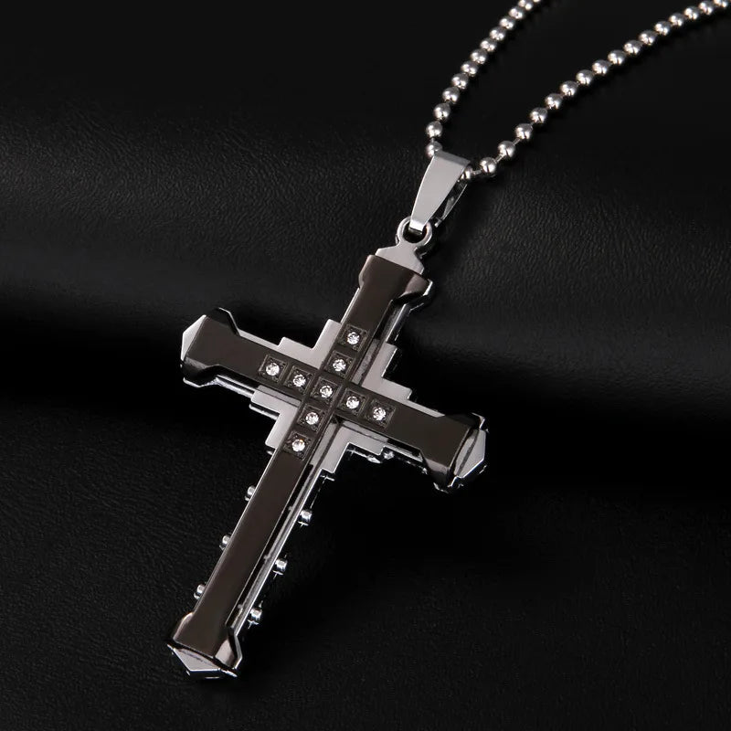 New Fashion Cross Necklace for Men Jesus Crystal Cross Pendant Necklace Black Silver Color Stainless Steel Necklace Jewelry