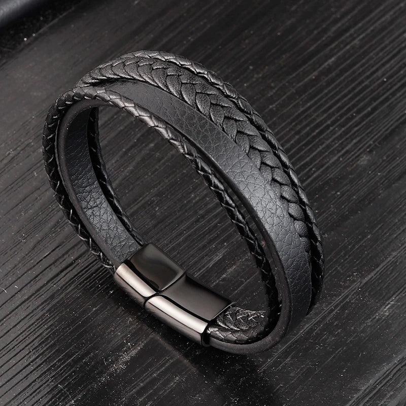Geometric Pattern Multi-layers Genuine Leather Bracelet For Men