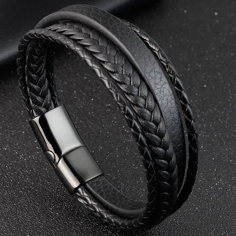 Geometric Pattern Multi-layers Genuine Leather Bracelet For Men