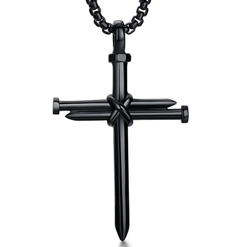 New Fashion Cross Necklace for Men Jesus Crystal Cross Pendant Necklace Black Silver Color Stainless Steel Necklace Jewelry