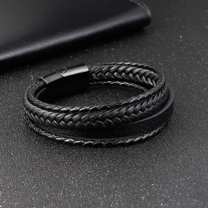 Geometric Pattern Multi-layers Genuine Leather Bracelet For Men