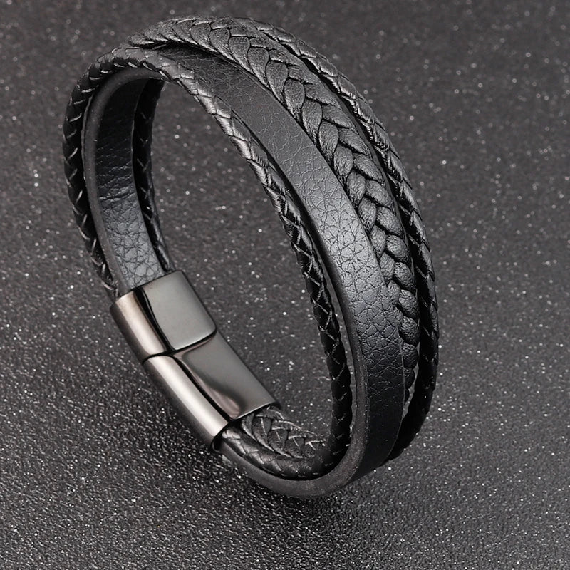 Geometric Pattern Multi-layers Genuine Leather Bracelet For Men