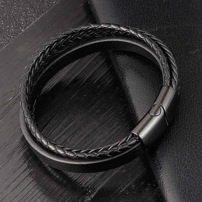 Geometric Pattern Multi-layers Genuine Leather Bracelet For Men