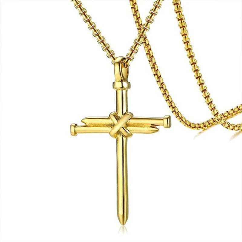 New Fashion Cross Necklace for Men Jesus Crystal Cross Pendant Necklace Black Silver Color Stainless Steel Necklace Jewelry