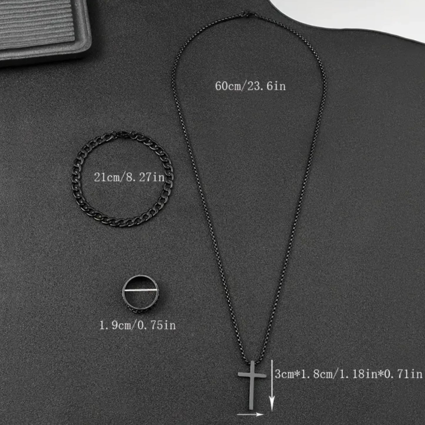 Black men's trendy watch, alloy strap, alloy bracelet, alloy necklace, alloy ring, men's gift set combination