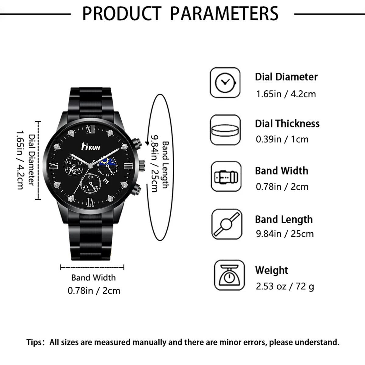 Black men's trendy watch, alloy strap, alloy bracelet, alloy necklace, alloy ring, men's gift set combination