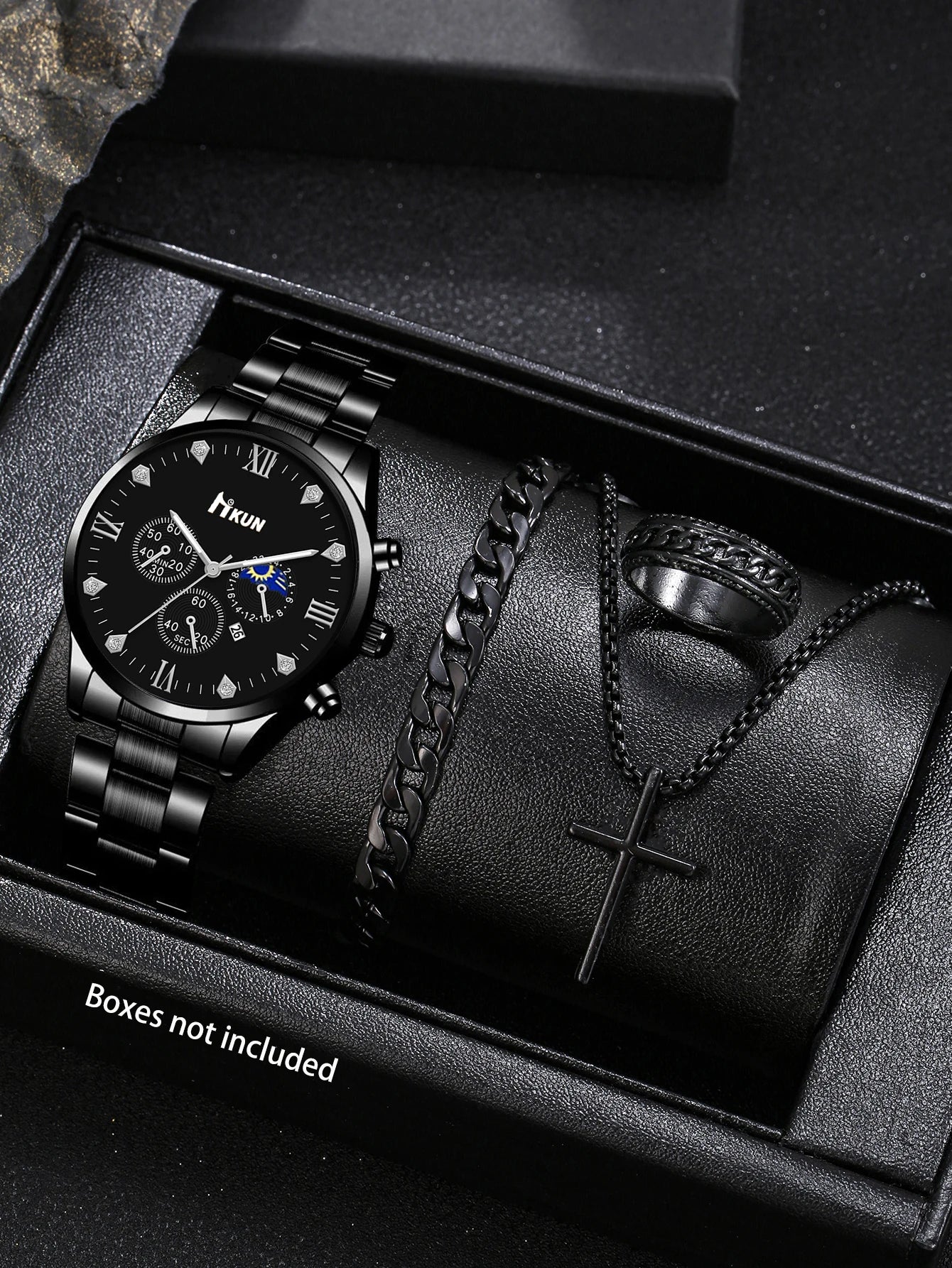 Black men's trendy watch, alloy strap, alloy bracelet, alloy necklace, alloy ring, men's gift set combination