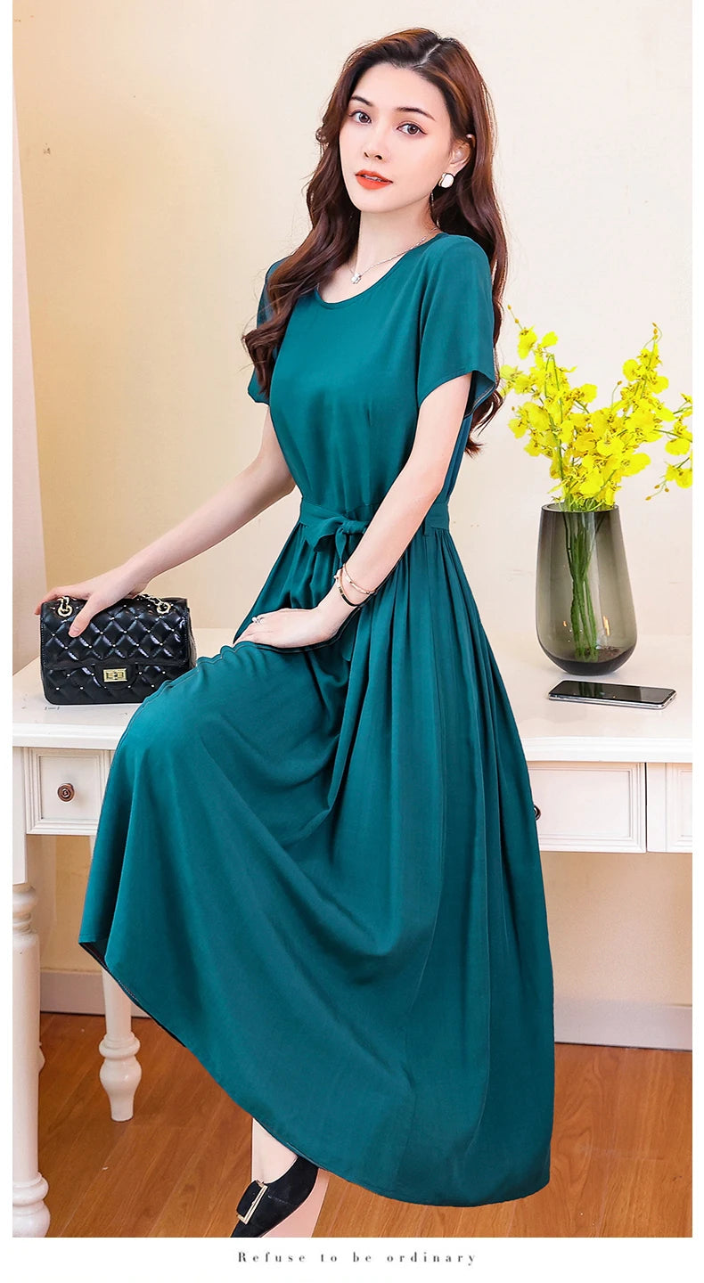 New Fashion Summer Dresses For Women 2025 Elegant Casual Short Sleeve Midi Dress