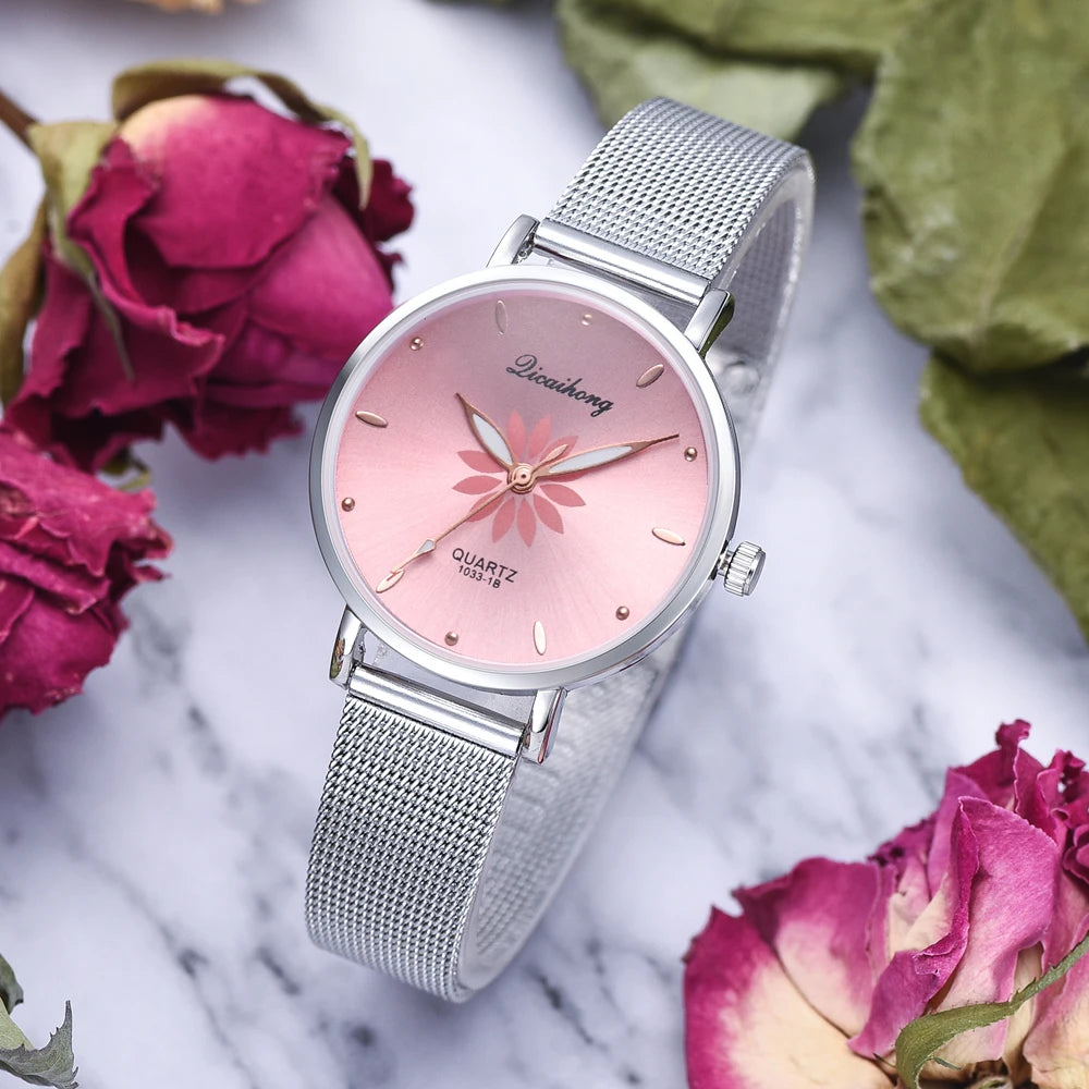 Luxury Silver Popular Pink Dial Flowers Metal Ladies Bracelet Quartz Wrist Watch