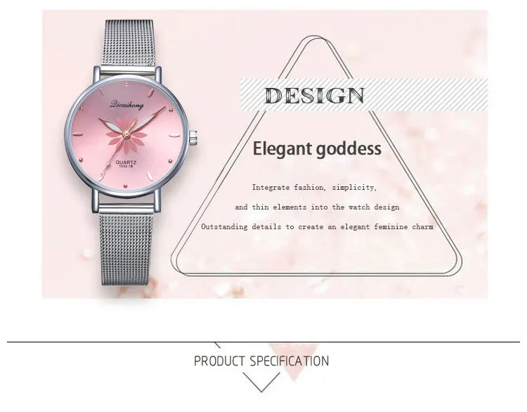 Luxury Silver Popular Pink Dial Flowers Metal Ladies Bracelet Quartz Wrist Watch