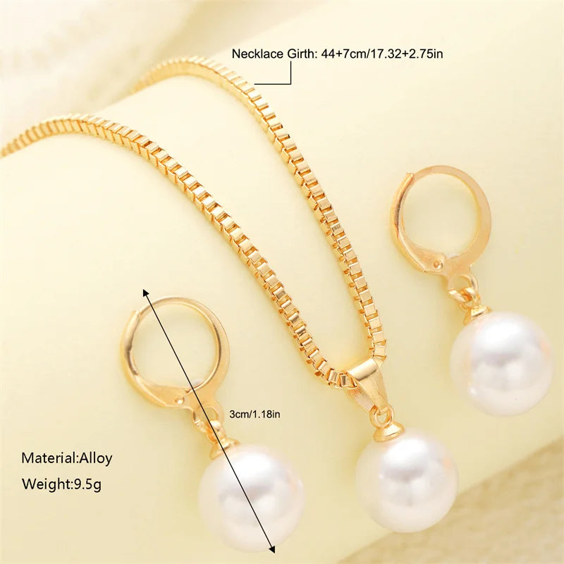 3 Pcs Round Pearl Jewelry Set Of Earring Pendant Necklace For Women