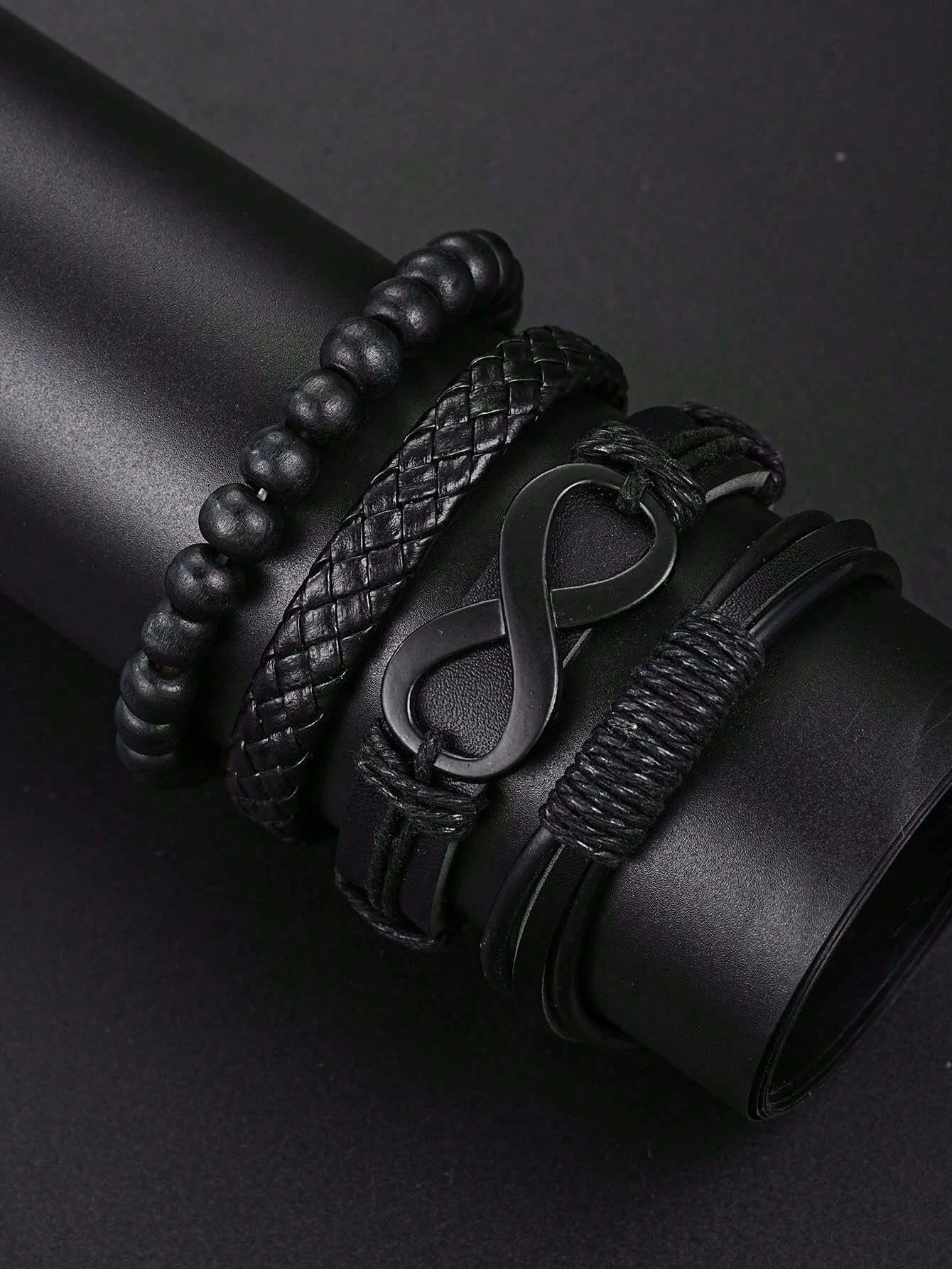 6pcs_Set Leather '8' Shape Beaded Bracelet With Mechanical Watch, Cross Pendant Necklace For Men