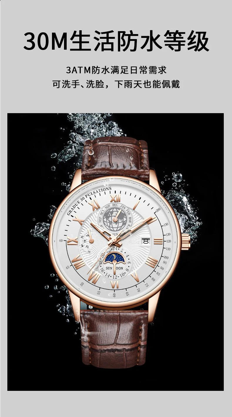 2024 Top Luxury Sport Men's Wristwatch Waterproof Luminous Leather Date Quartz Watch