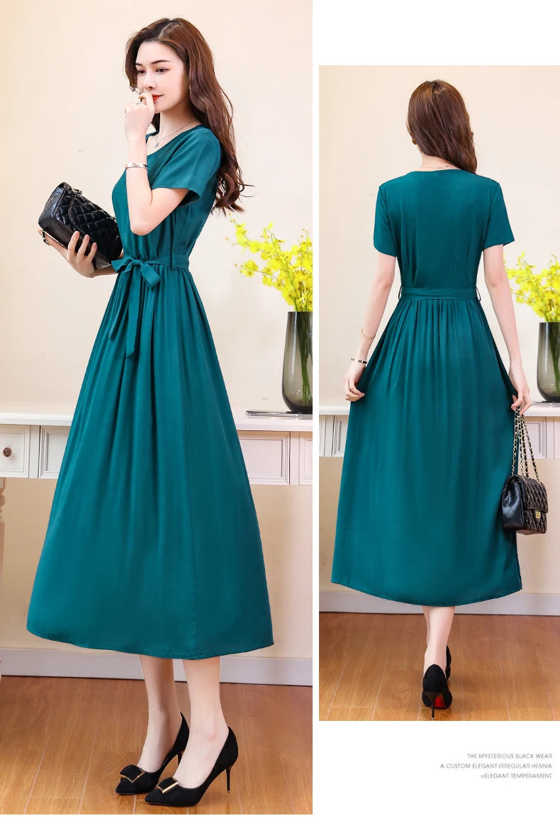 New Fashion Summer Dresses For Women 2025 Elegant Casual Short Sleeve Midi Dress
