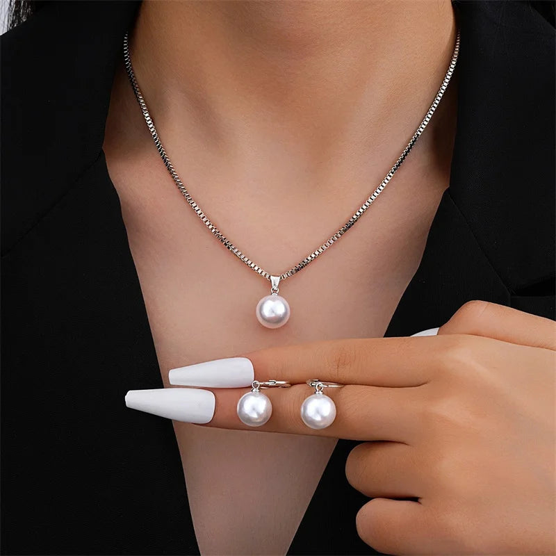 3 Pcs Round Pearl Jewelry Set Of Earring Pendant Necklace For Women