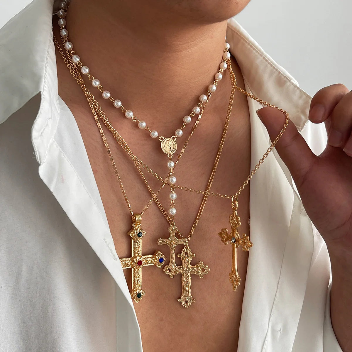 Men’s Cross Necklace Set, Hip-Hop Niche Pearl Chain, Stylish Collar Jewelry, Daily/Street Versatile, Perfect Gift,Limited Offer