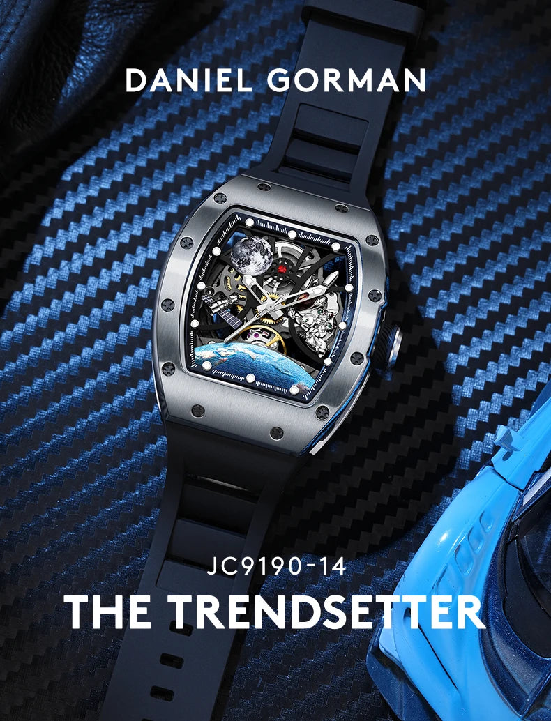 Men's Automatic Tonneau Mechanical Clock Earth Dial Waterproof Luxury Luminous Skeleton WristWatch