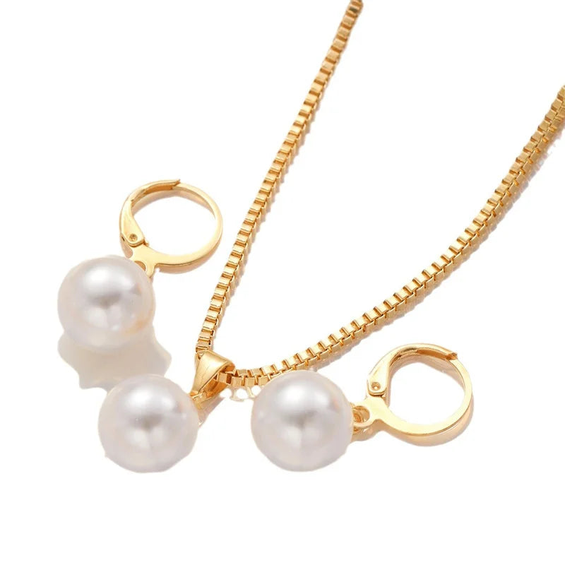 3 Pcs Round Pearl Jewelry Set Of Earring Pendant Necklace For Women