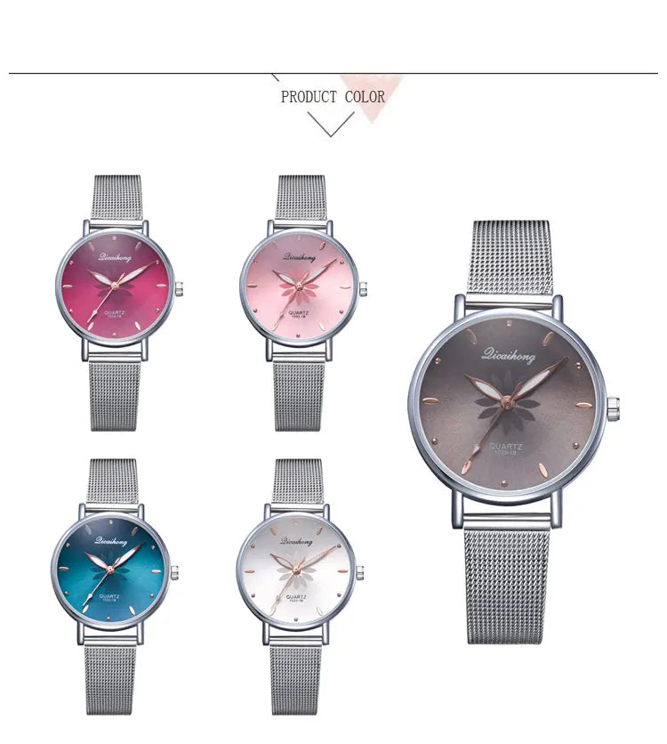 Luxury Silver Popular Pink Dial Flowers Metal Ladies Bracelet Quartz Wrist Watch