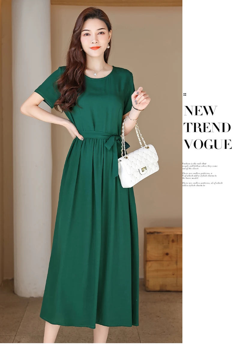 New Fashion Summer Dresses For Women 2025 Elegant Casual Short Sleeve Midi Dress