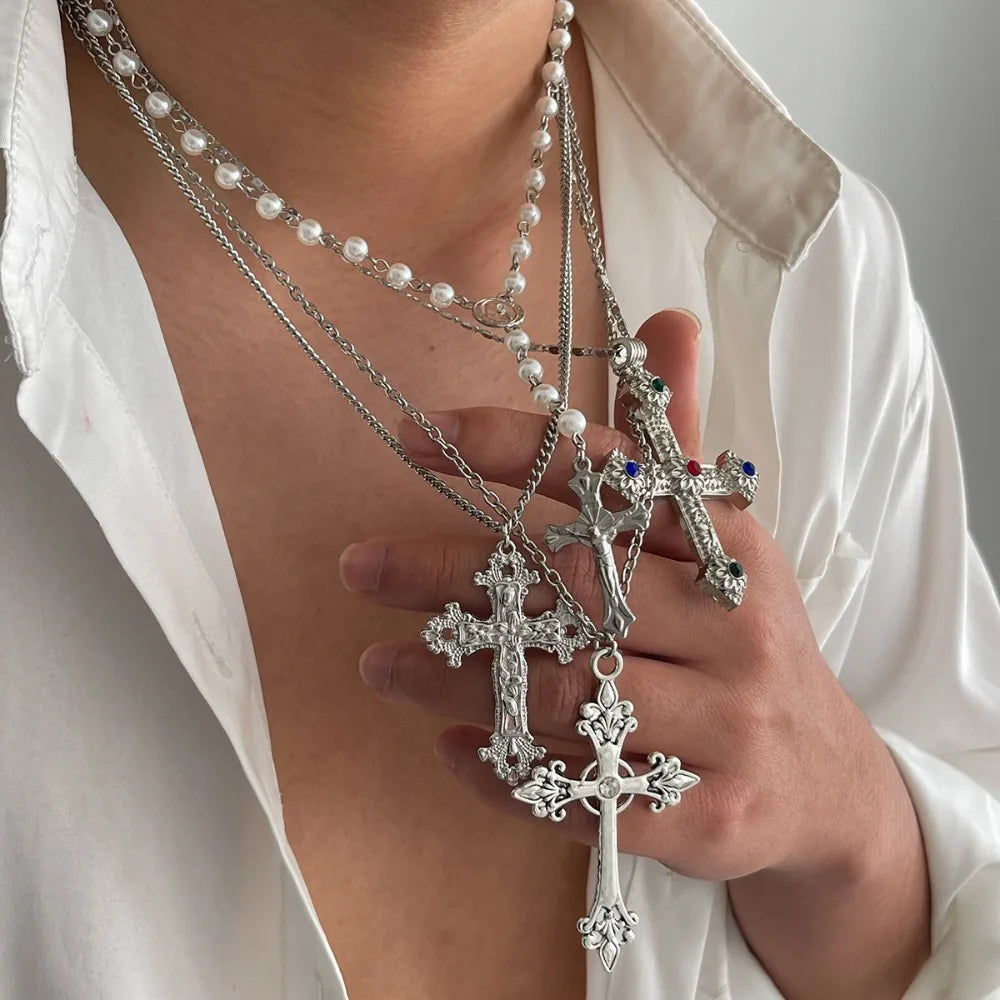 Men’s Cross Necklace Set, Hip-Hop Niche Pearl Chain, Stylish Collar Jewelry, Daily/Street Versatile, Perfect Gift,Limited Offer