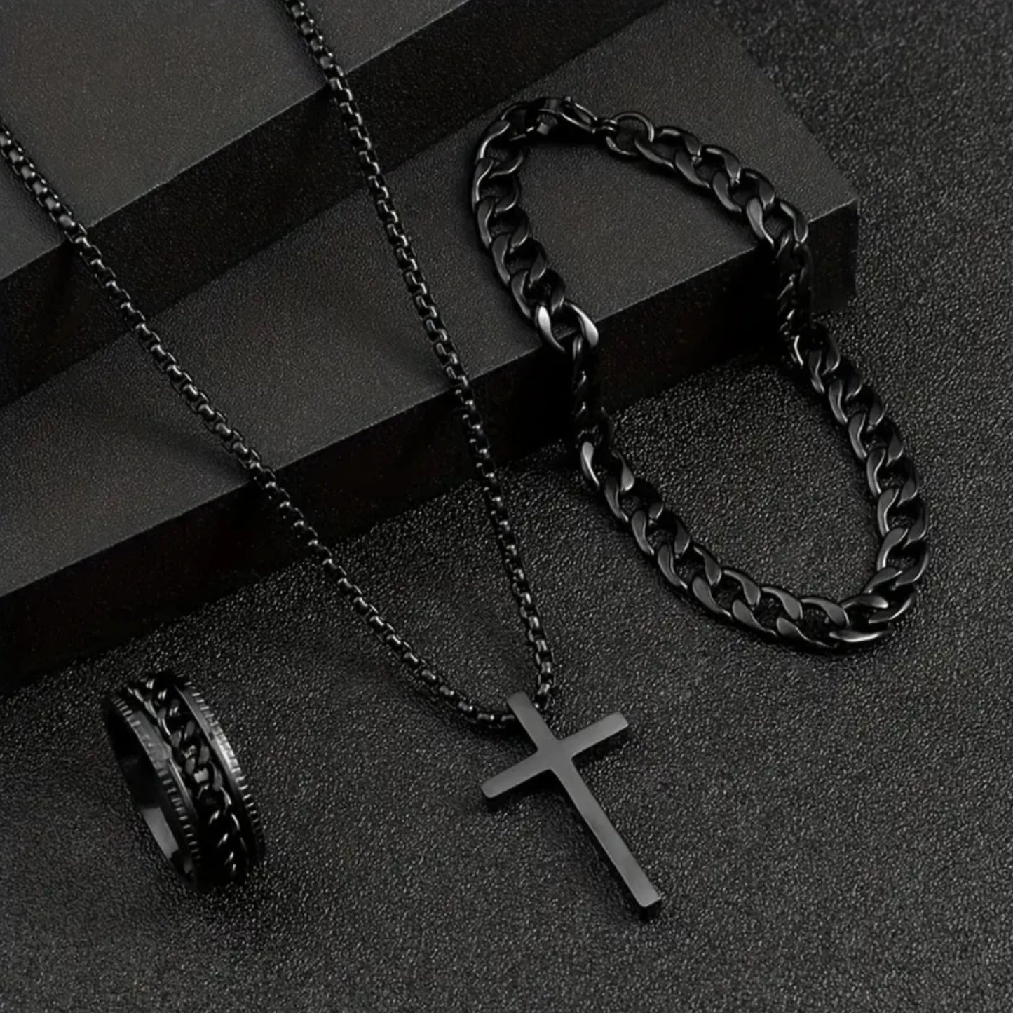 Black men's trendy watch, alloy strap, alloy bracelet, alloy necklace, alloy ring, men's gift set combination
