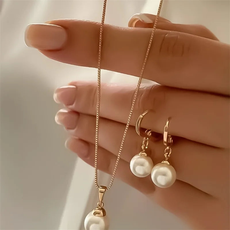 3 Pcs Round Pearl Jewelry Set Of Earring Pendant Necklace For Women
