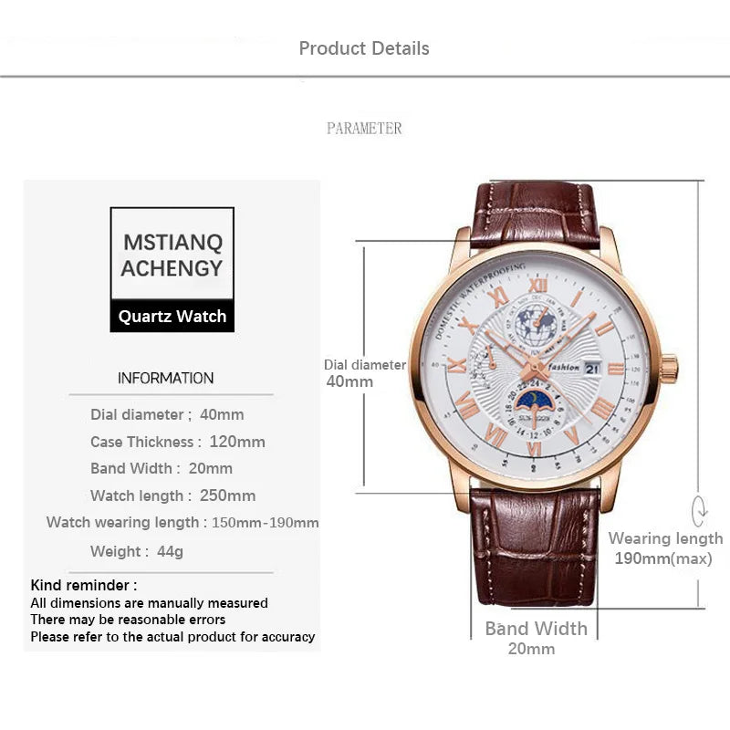 2024 Top Luxury Sport Men's Wristwatch Waterproof Luminous Leather Date Quartz Watch