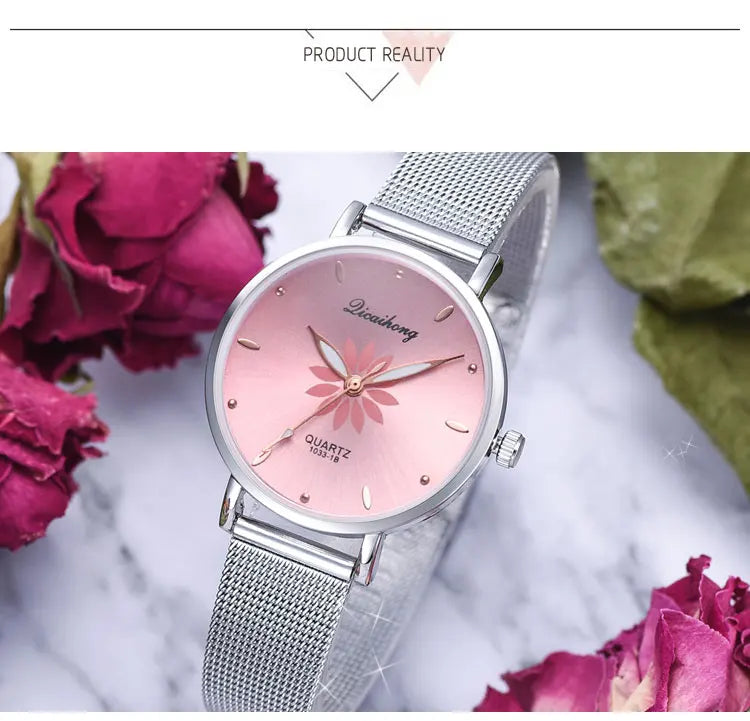 Luxury Silver Popular Pink Dial Flowers Metal Ladies Bracelet Quartz Wrist Watch