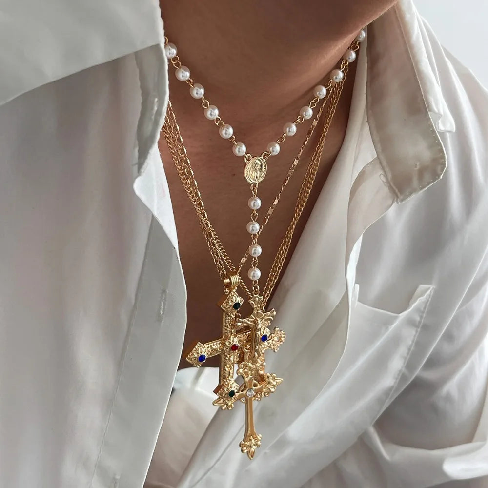 Men’s Cross Necklace Set, Hip-Hop Niche Pearl Chain, Stylish Collar Jewelry, Daily/Street Versatile, Perfect Gift,Limited Offer