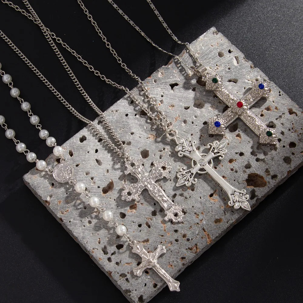 Men’s Cross Necklace Set, Hip-Hop Niche Pearl Chain, Stylish Collar Jewelry, Daily/Street Versatile, Perfect Gift,Limited Offer