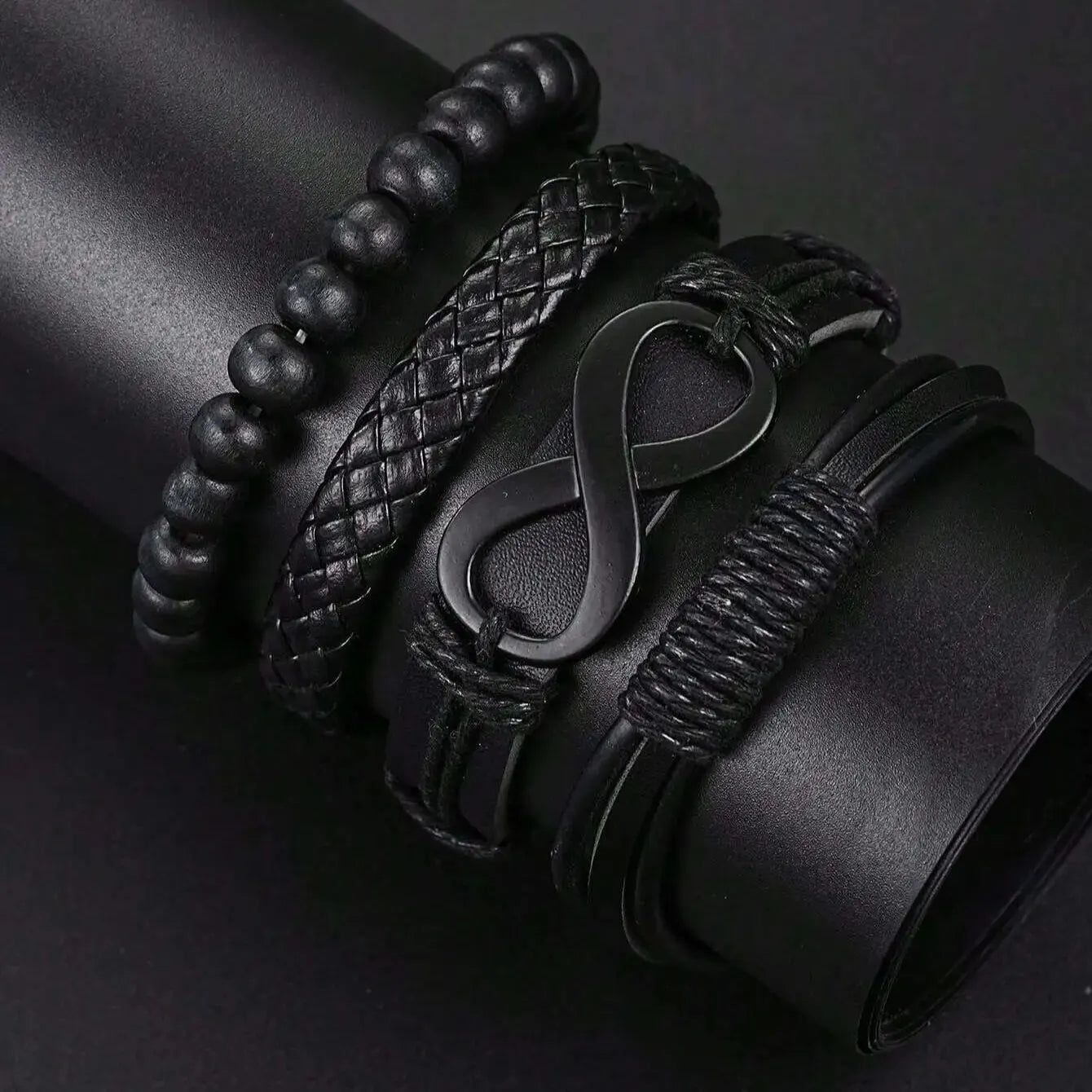 6pcs_Set Leather '8' Shape Beaded Bracelet With Mechanical Watch, Cross Pendant Necklace For Men