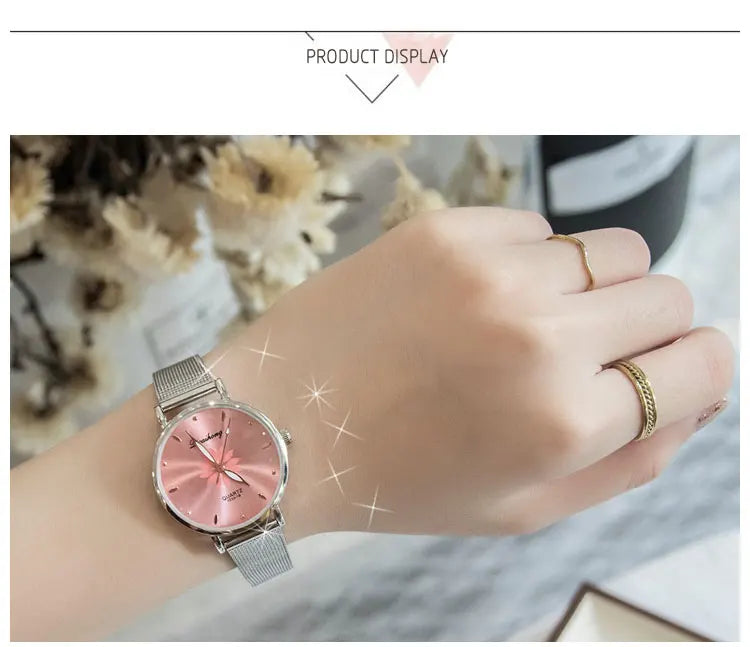 Luxury Silver Popular Pink Dial Flowers Metal Ladies Bracelet Quartz Wrist Watch