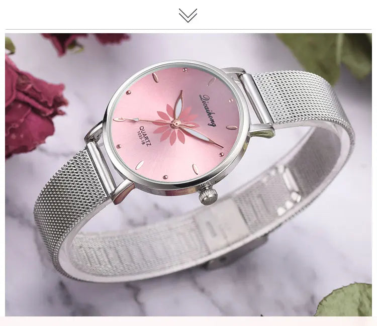Luxury Silver Popular Pink Dial Flowers Metal Ladies Bracelet Quartz Wrist Watch