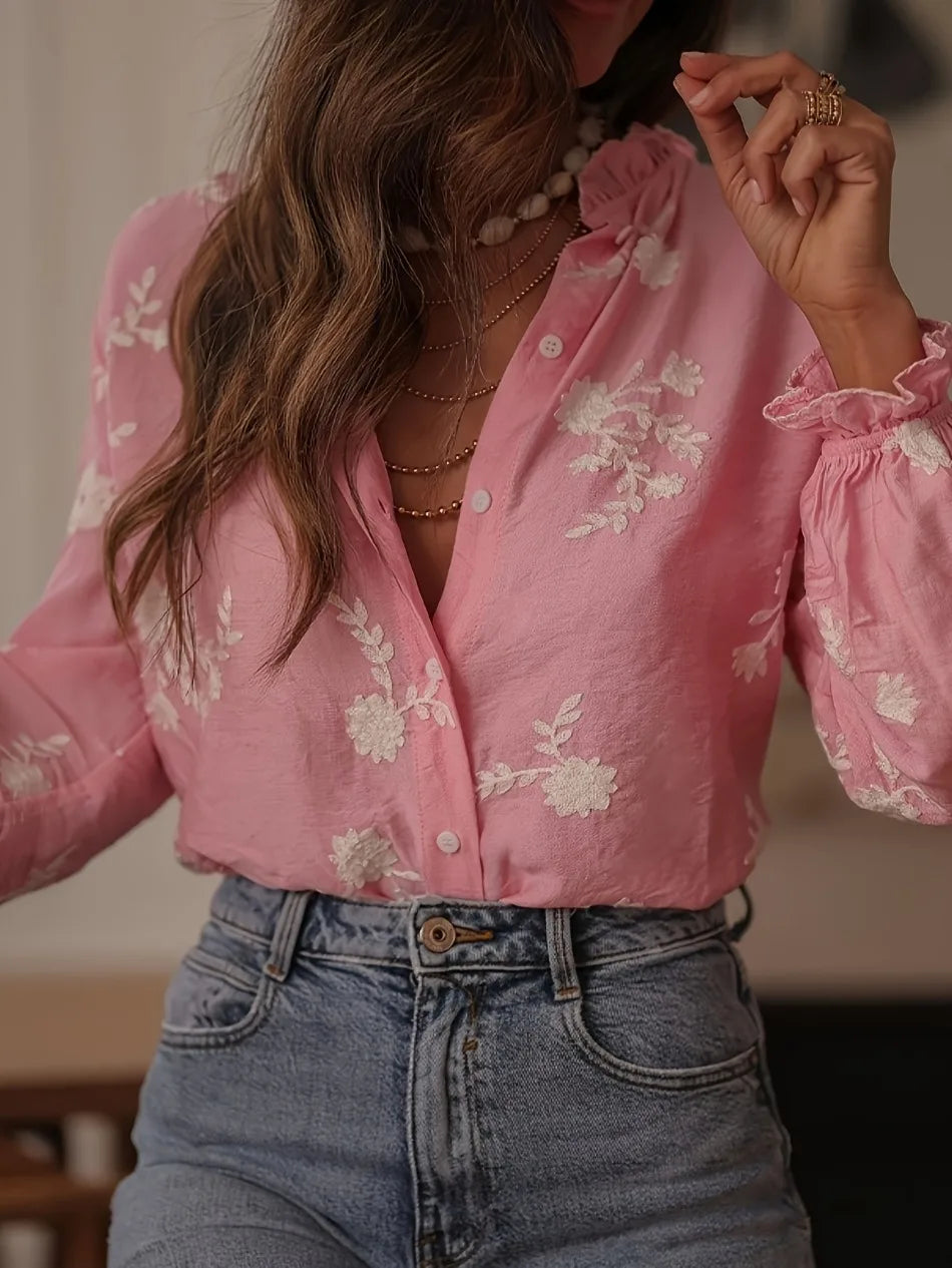 Women's Clothing 2025 Spring Autumn Fashion Casual Long-sleeved Printed Blouse with A Collar and Puff Sleeves Office Lady Shirt