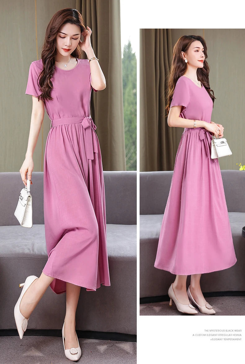 New Fashion Summer Dresses For Women 2025 Elegant Casual Short Sleeve Midi Dress