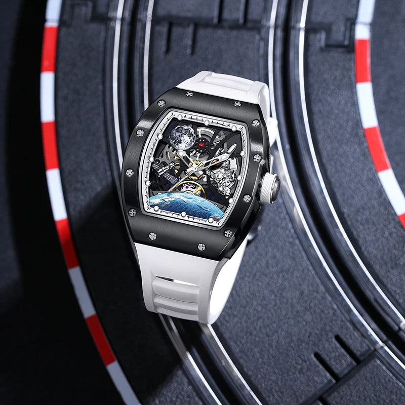 Men's Automatic Tonneau Mechanical Clock Earth Dial Waterproof Luxury Luminous Skeleton WristWatch