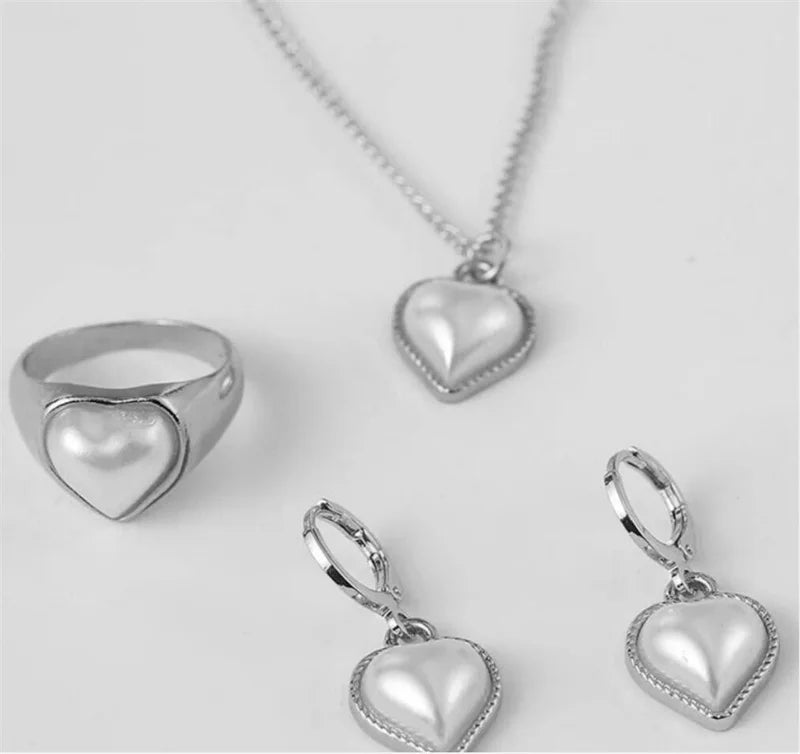 3 Pcs Round Pearl Jewelry Set Of Earring Pendant Necklace For Women