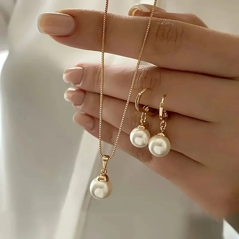3 Pcs Round Pearl Jewelry Set Of Earring Pendant Necklace For Women