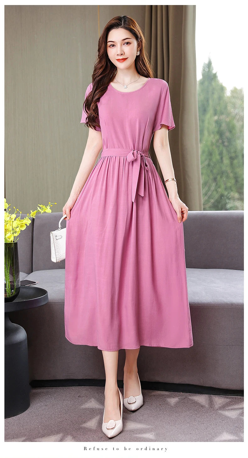 New Fashion Summer Dresses For Women 2025 Elegant Casual Short Sleeve Midi Dress