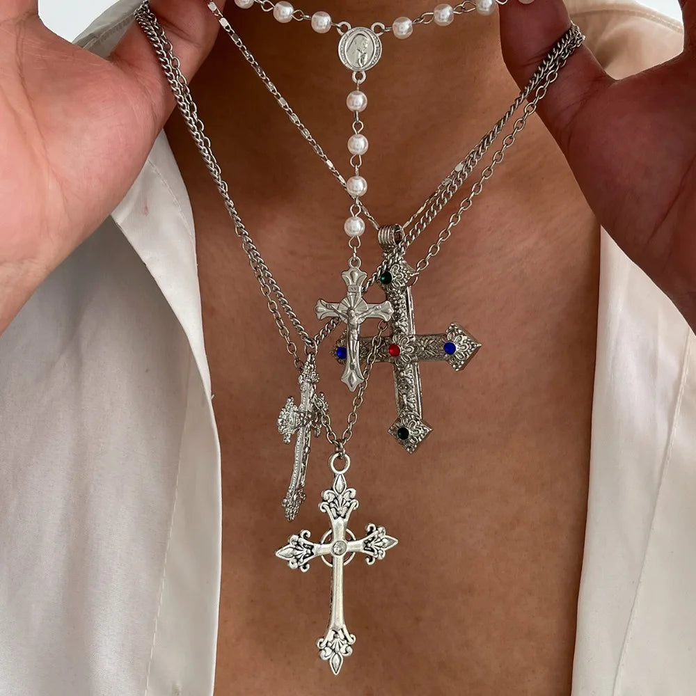 Men’s Cross Necklace Set, Hip-Hop Niche Pearl Chain, Stylish Collar Jewelry, Daily/Street Versatile, Perfect Gift,Limited Offer