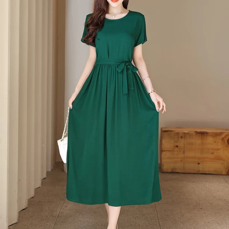 New Fashion Summer Dresses For Women 2025 Elegant Casual Short Sleeve Midi Dress