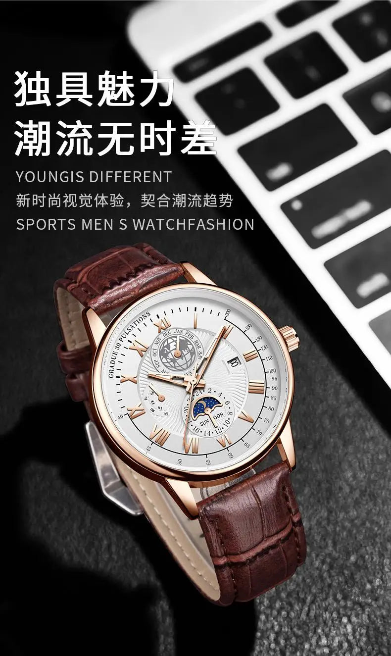 2024 Top Luxury Sport Men's Wristwatch Waterproof Luminous Leather Date Quartz Watch