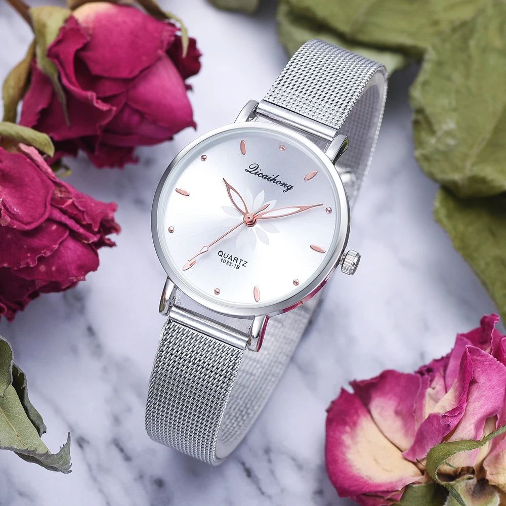 Luxury Silver Popular Pink Dial Flowers Metal Ladies Bracelet Quartz Wrist Watch