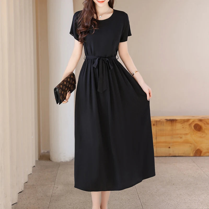 New Fashion Summer Dresses For Women 2025 Elegant Casual Short Sleeve Midi Dress