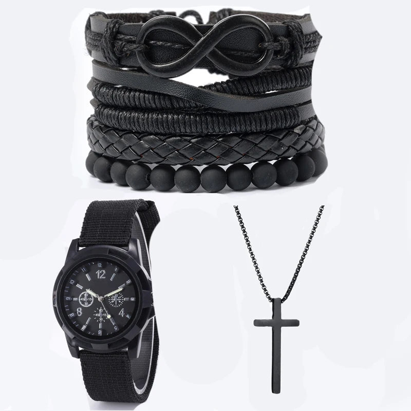 6pcs_Set Leather '8' Shape Beaded Bracelet With Mechanical Watch, Cross Pendant Necklace For Men