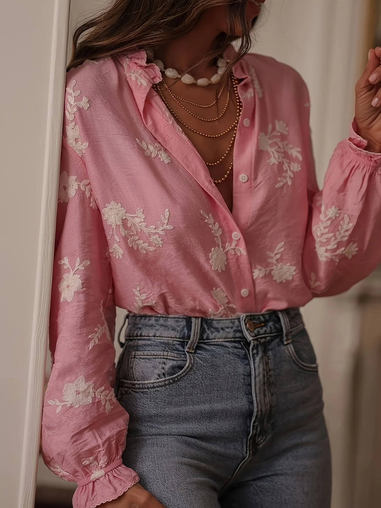 Women's Clothing 2025 Spring Autumn Fashion Casual Long-sleeved Printed Blouse with A Collar and Puff Sleeves Office Lady Shirt