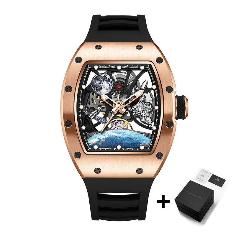 Men's Automatic Tonneau Mechanical Clock Earth Dial Waterproof Luxury Luminous Skeleton WristWatch
