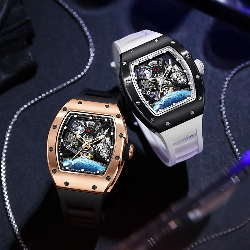 Men's Automatic Tonneau Mechanical Clock Earth Dial Waterproof Luxury Luminous Skeleton WristWatch